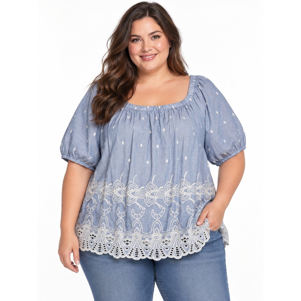 Talbots Embroidered Eyelet Lace Scallop Hem Top Size 3X Blue Peasant Tunic New